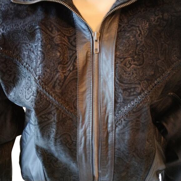 Y2K Bomber Jacket Sz M Black Texture Leather Patchwork Moto Collect VNT 80s - Picture 11 of 16